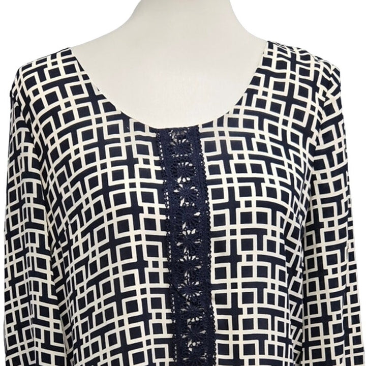 Alya Womens Medium Long Sleeve Scoop Neck Lined Geometric Navy Sheath Dress