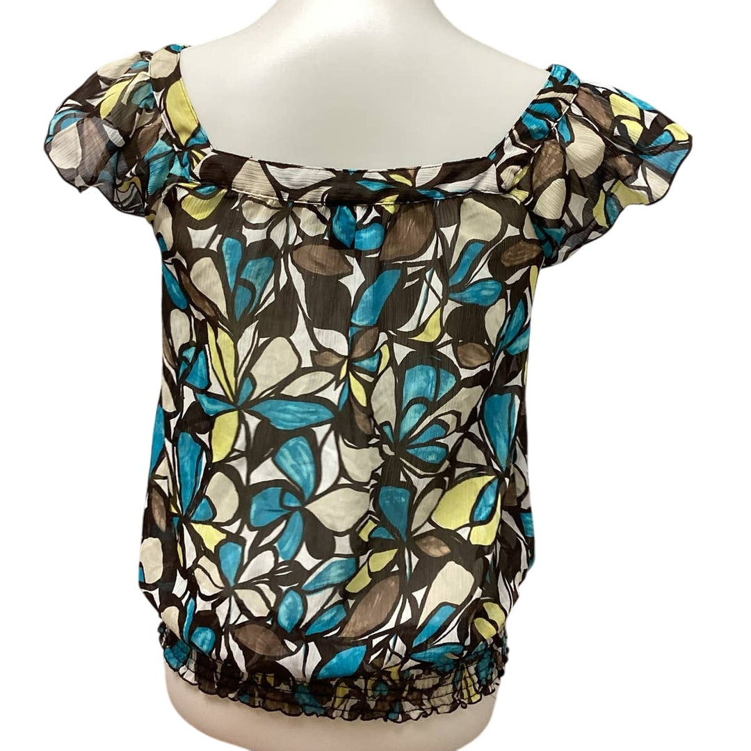 BCX Medium Sheer Gathered Waist Boatneck Ruffled Sleeve Geometric Floral Blouse