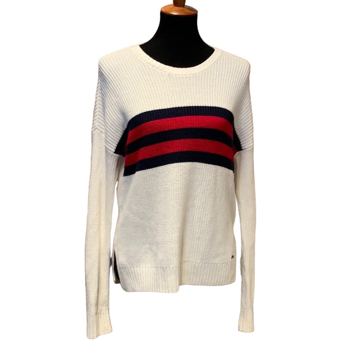 Hollister XS Long Sleeve Red Blue Striped Crew Neck Pullover Long Sleeve Sweater