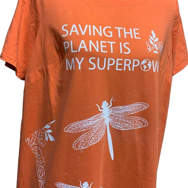 Hand Printed Upcycled 14W Saving the Planet Dragonfly Superpower Tee Shirt Dress