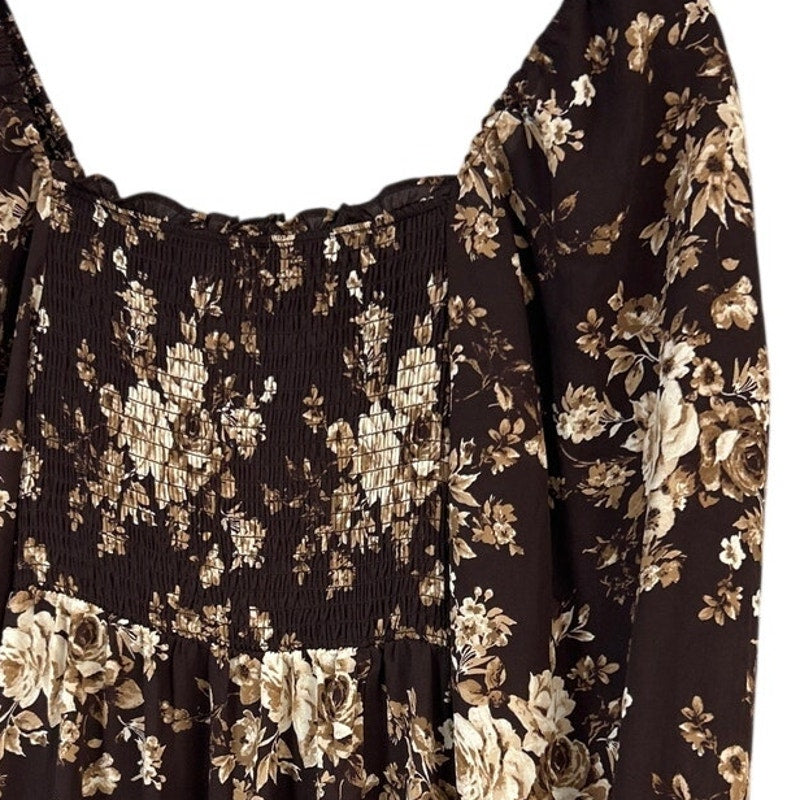 New Francescas Womens XS Brown Tan Floral Hi Low Smocked Boho Cottage Dress