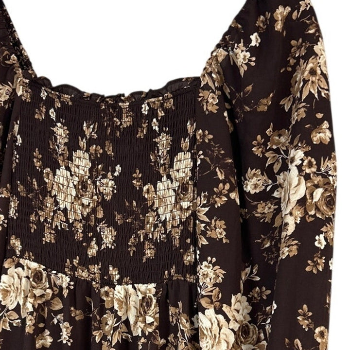 New Francescas Womens XS Brown Tan Floral Hi Low Smocked Boho Cottage Dress