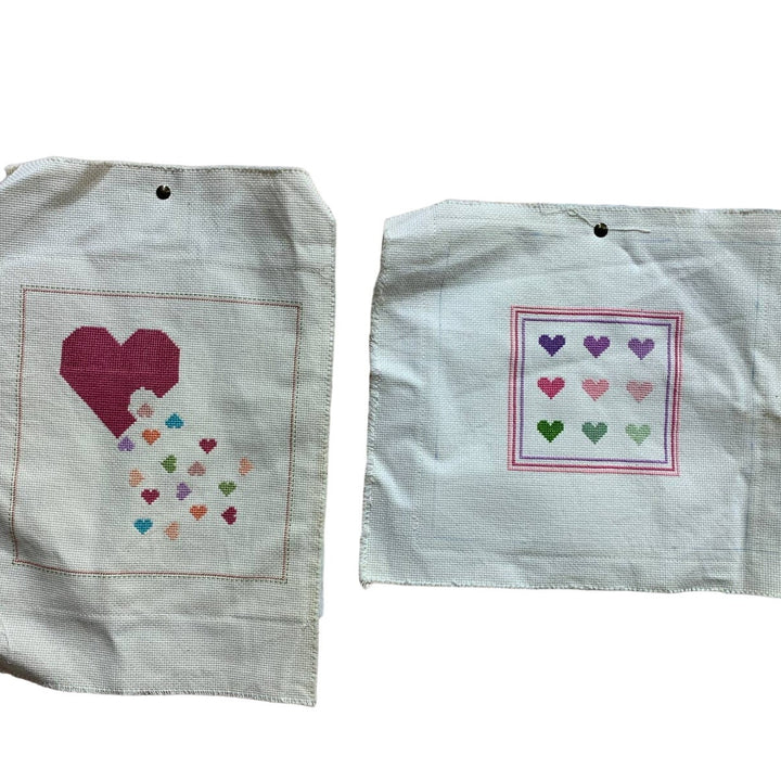 Lot of 2 Handmade Cross Stitch Heart Themed Square Artwork Ready to Frame Art