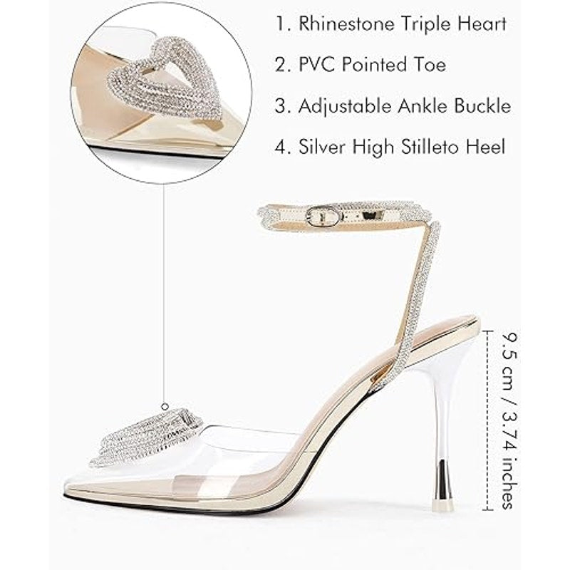 Coutgo Womens 8 Silver Sparkle Heart Clear Closed Toe 4" Heel Ankle Strap Shoes