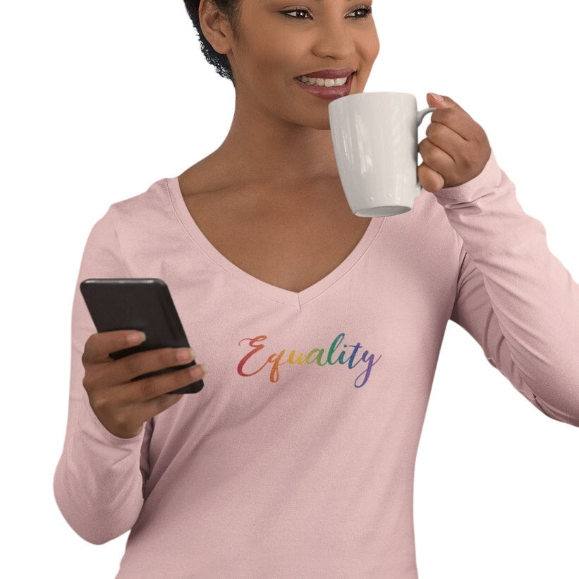 Hand Printed Upcycled Womens Small Equality Rainbow Pride Long Sleeve Tee