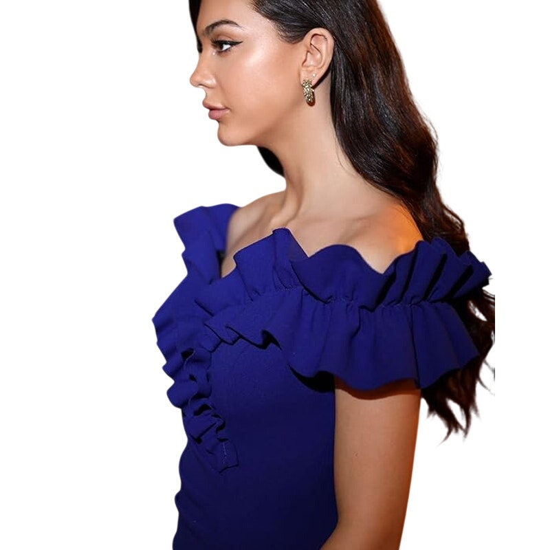 Xscape Womens 14 Scuba Crepe Ruffle Collar Ruched Off The Shoulder Maxi Dress