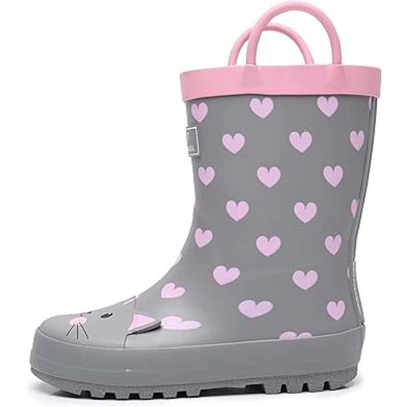 Rain Angel Big Girls Size 4 Gray Pink Cat Pull On Waterproof Rain Boot Shoes
