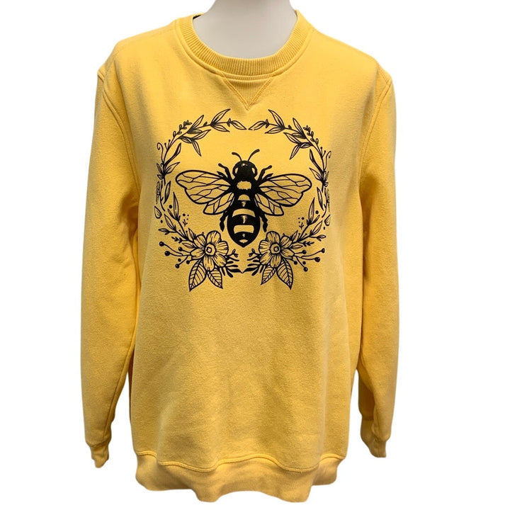 Hand Printed Upcycled Womens Large Bumble Bee Flowers Floral Sweatshirt
