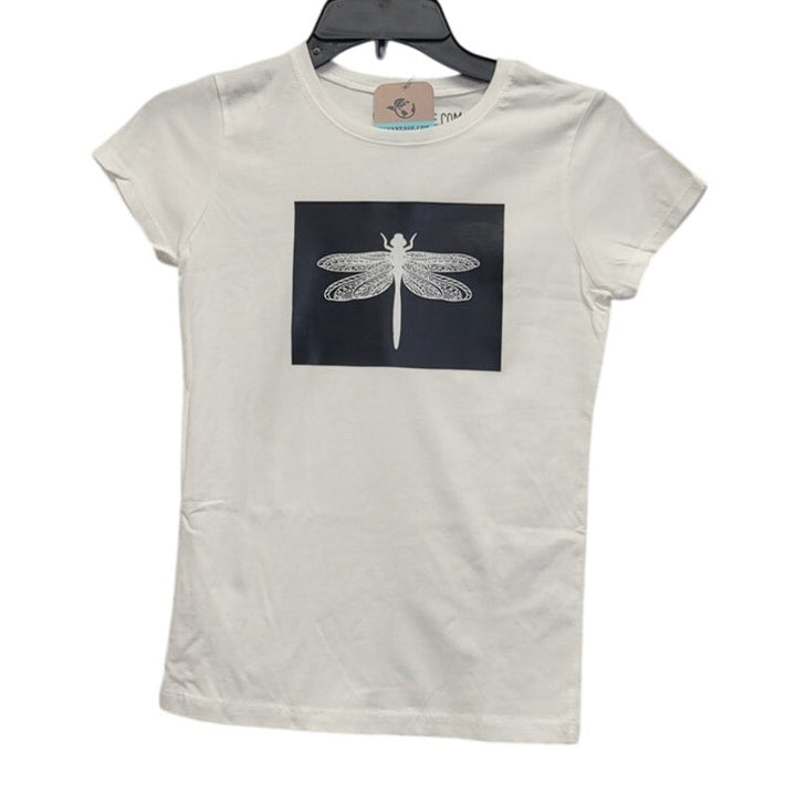 New Hand Printed Upcycled Child Large Dragonfly Short Sleeve 100% Cotton Tee