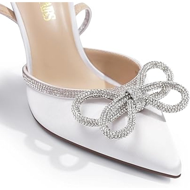 Dream Pairs Womens 8.5 White Satin Pointy Toe Silver Rhinestone 4.5" Heel Shoes