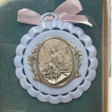 Vintage Plastic Round Angel w Mother Mary and Baby Jesus Child Ornament in Box