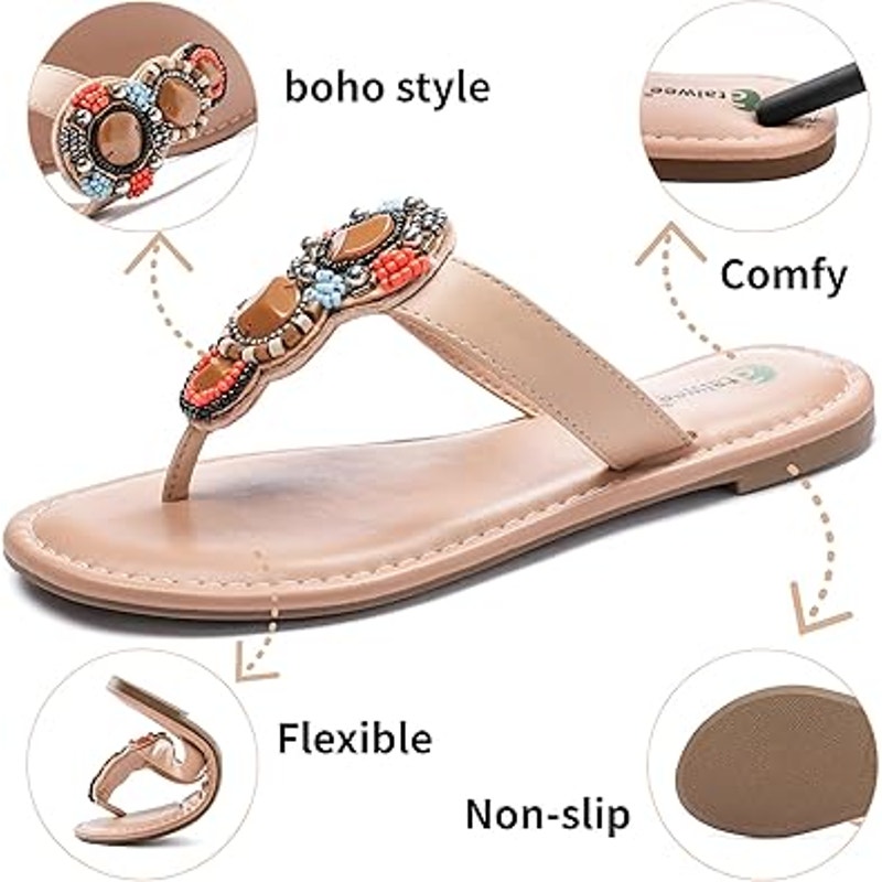 Ataiwee Womens Size 7.5 Brown Beaded Thong Flat Slide On Open Toe Sandals Shoes