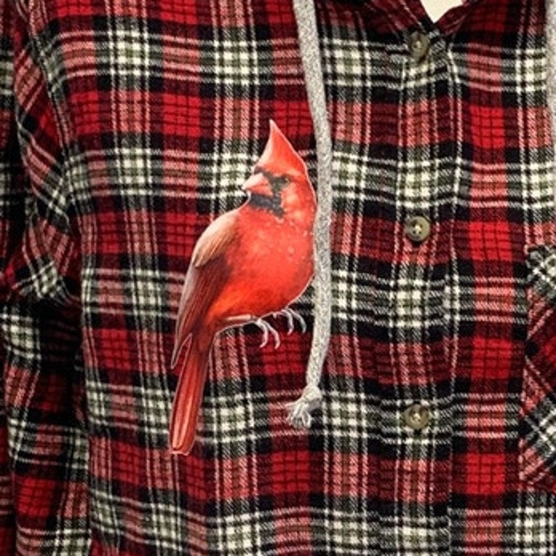 New Hand Printed Womens Large Red Cardinal Bird Long Sleeve Plaid Flannel Hoodie