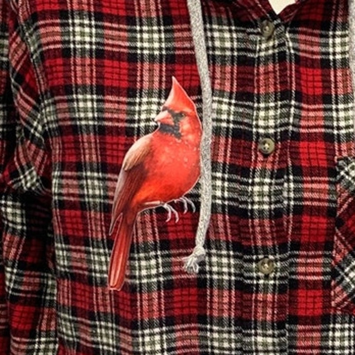 New Hand Printed Womens Large Red Cardinal Bird Long Sleeve Plaid Flannel Hoodie