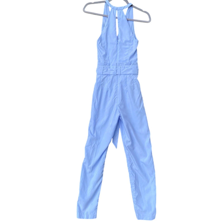 NWT New Express Womens Size 00 Light Blue Sleeveless V Neck Waist Tie Jumpsuit