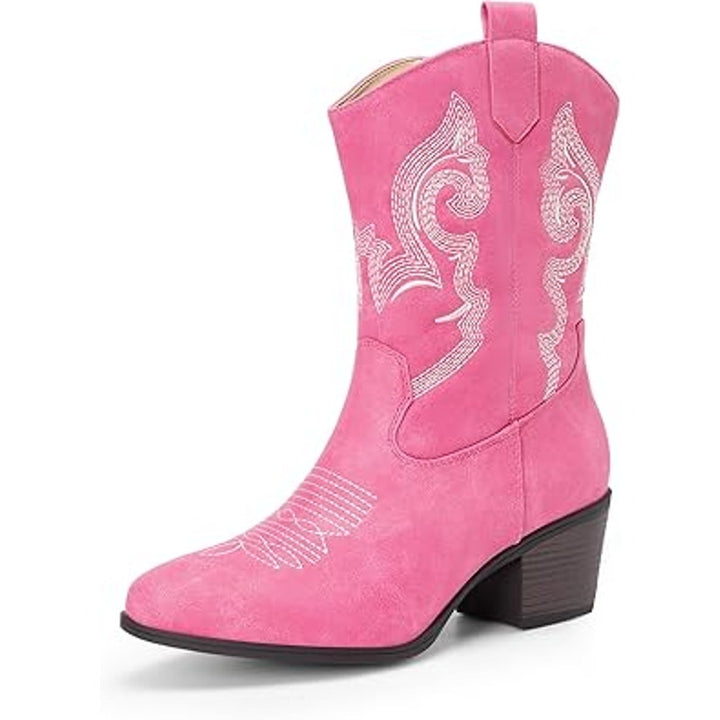 Dream Pairs Womens 8.5 Faux Pink Leather 2.25" Block Heel Mid Calf Cowboy Boots