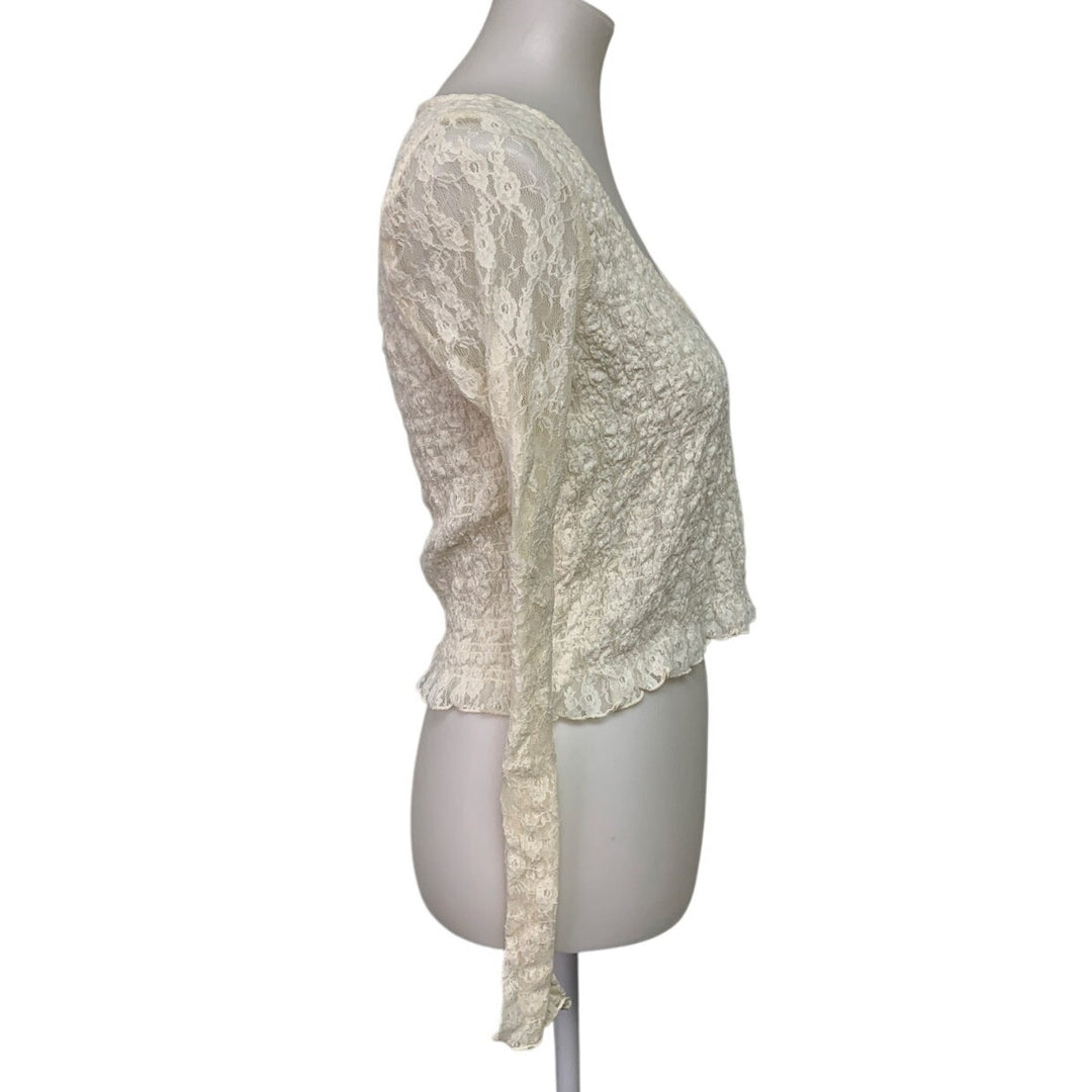 New American Eagle Womens Medium Cream Long Sleeve Lacy Sheer Smocked Top