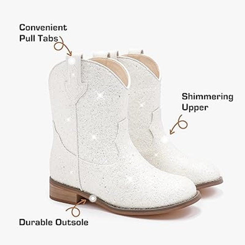 Motasha Toddler Girl 10 White Iridescent Shiny Pull On Western Cowgirl Boots