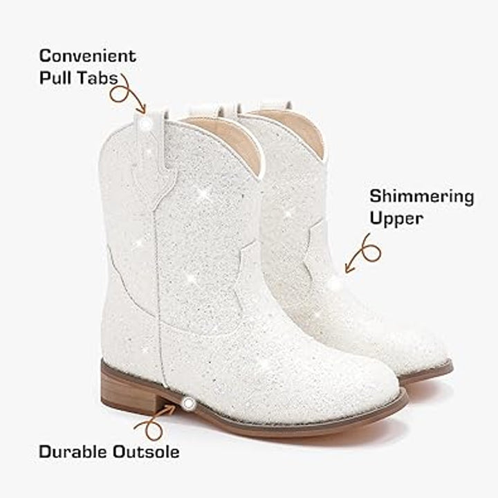 Motasha Toddler Girl 10 White Iridescent Shiny Pull On Western Cowgirl Boots
