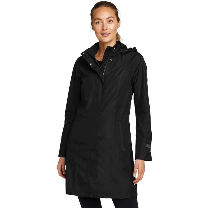 New Eddie Bauer Womens Small Black Girl On The Go Rain Hooded Trench Coat