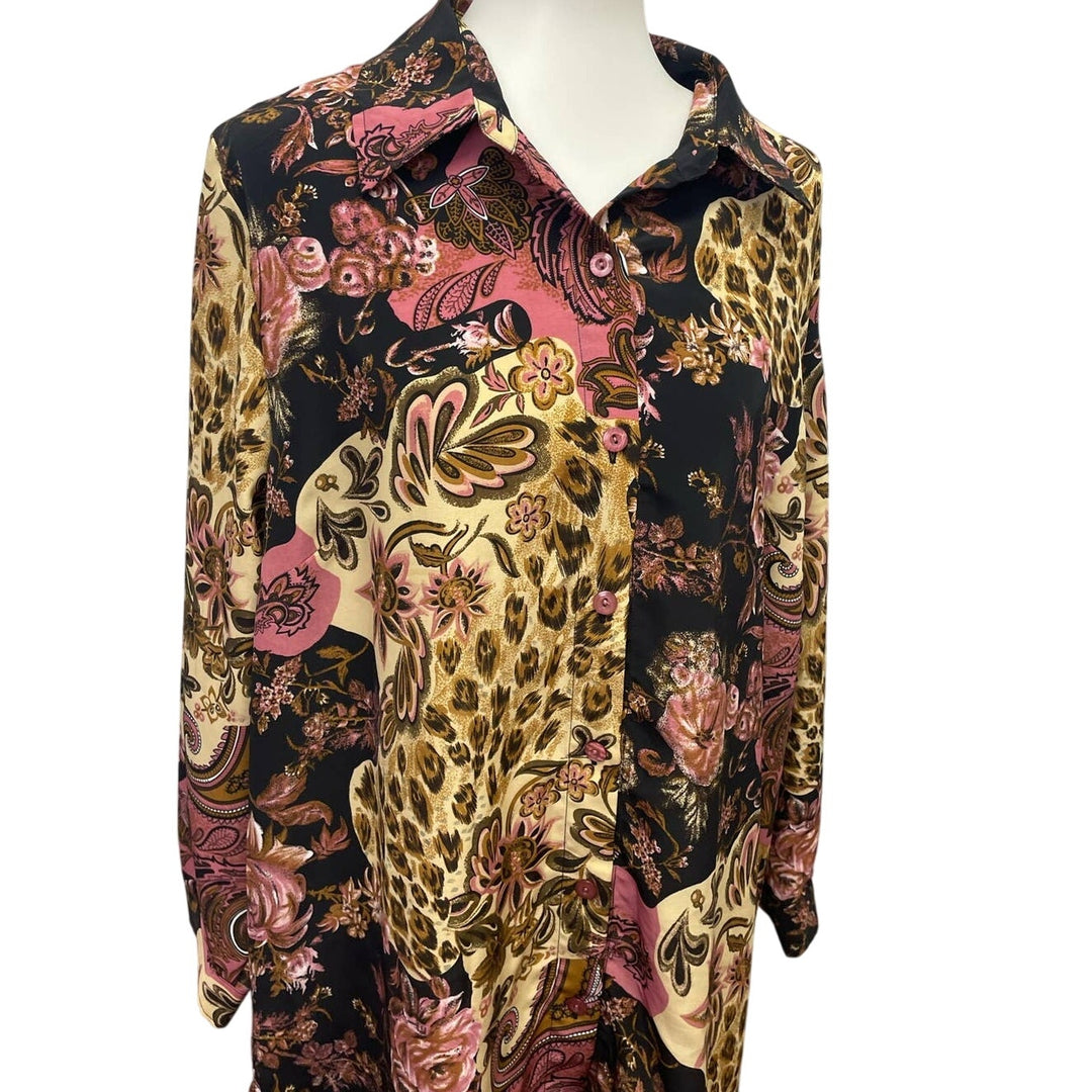 Brylane Woman 20W Floral Paisley Long Sleeve Flowy Polyester Button Up Blouse