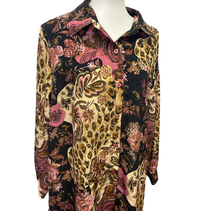 Brylane Woman 20W Floral Paisley Long Sleeve Flowy Polyester Button Up Blouse