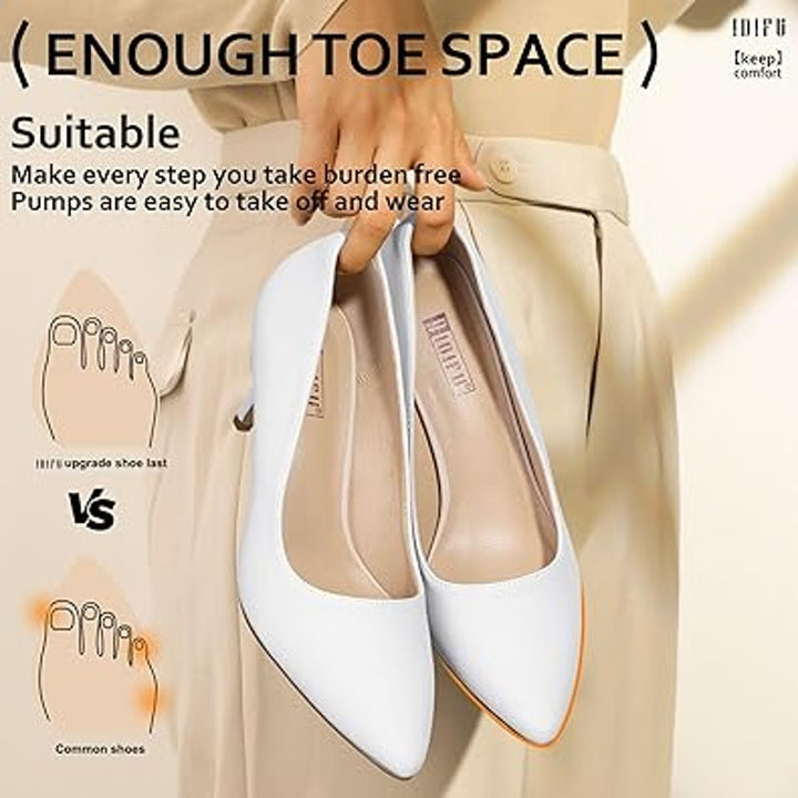 Idifu Womens Size 7.5 White Faux Leather Closed Toe 3" Heel Slide On Pumps Shoes