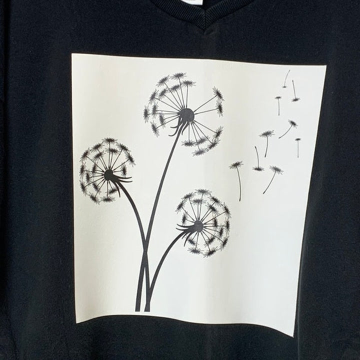 Upcycled Hand Printed Womens XXL Black Dandelion Wish Long Sleeve Sweatshirt