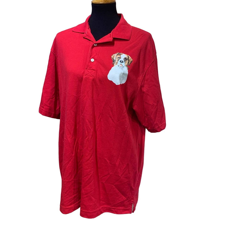 Hand Printed Upcycled Large St Bernard Puppy Dog Collared PolyCotton Polo Shirt
