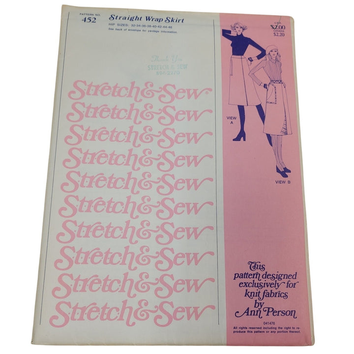 Vintage 1976 Stretch &amp; Sew 452 Straight Wrap Skirt Knit Fabric Uncut Sew Pattern