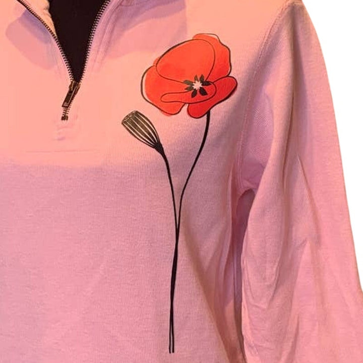 Hand Printed Upcycled Womens Large Red Poppy Flower Cotton 1/4 Zip Sweater