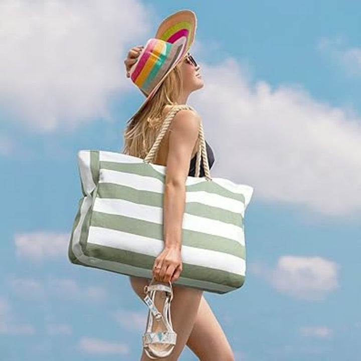 New Becokan Large Green White Striped Waterproof Sandproof Canvas Beach Tote Bag