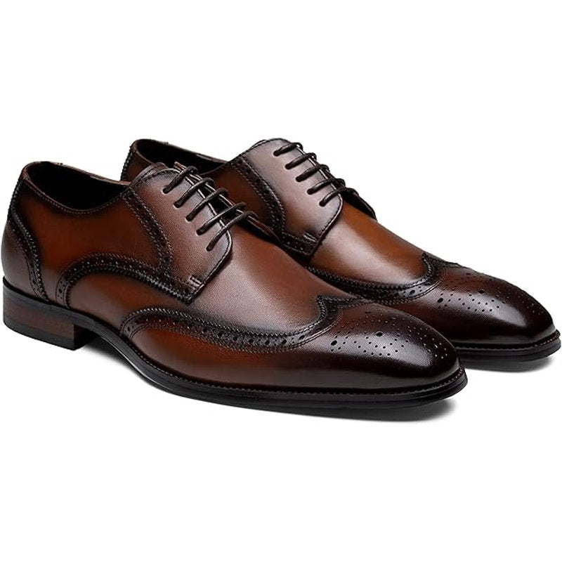 Jousen Mens 9.5 Brown Black Leather Wingtip Lace Up Oxford Formal Loafer Shoes