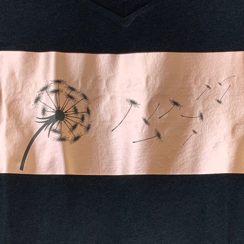 New Upcycled Hand Printed Womens Small Black Copper Dandelion Wish VNeck Tee