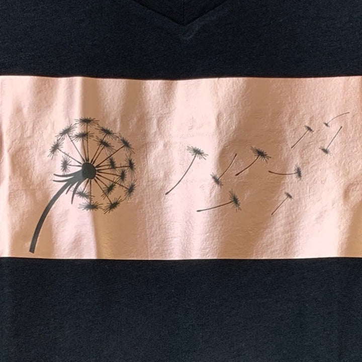 New Upcycled Hand Printed Womens Small Black Copper Dandelion Wish VNeck Tee