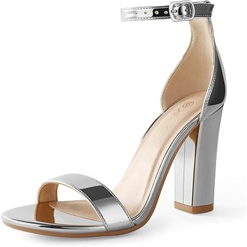 Ankis Womens Size 6.5 Shiny Silver Ankle Strap 4" Chunky Heels Open Toe Shoes