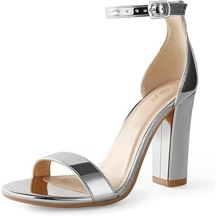 Ankis Womens Size 6.5 Shiny Silver Ankle Strap 4" Chunky Heels Open Toe Shoes
