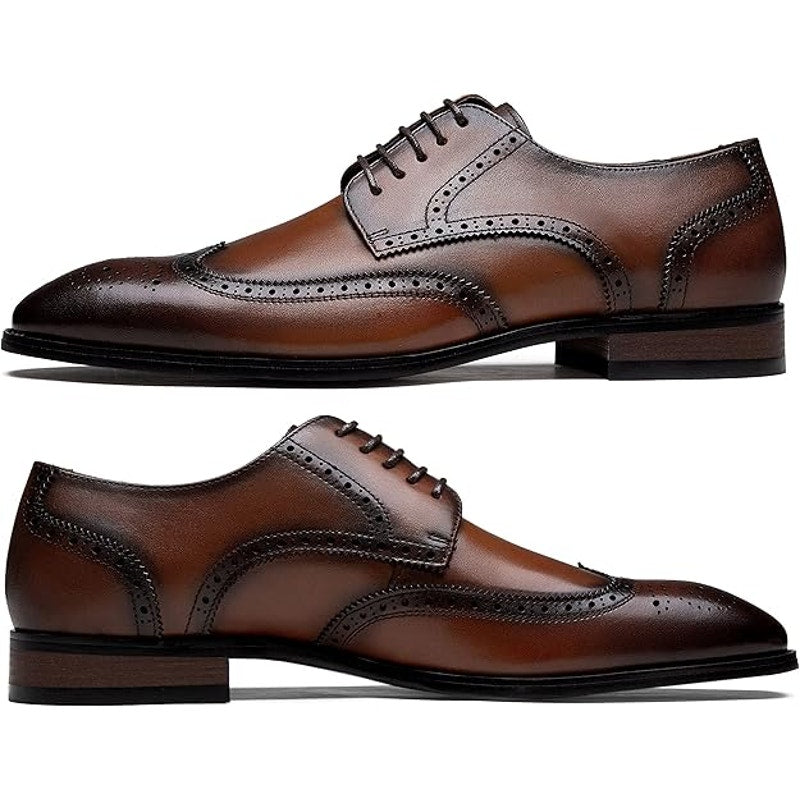 Jousen Mens 9.5 Brown Black Leather Wingtip Lace Up Oxford Formal Loafer Shoes