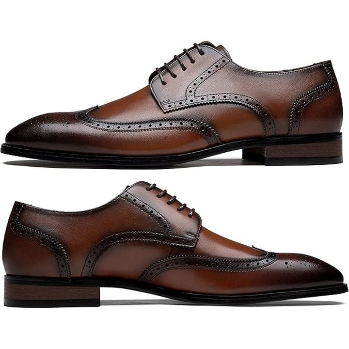 Jousen Mens 9.5 Brown Black Leather Wingtip Lace Up Oxford Formal Loafer Shoes