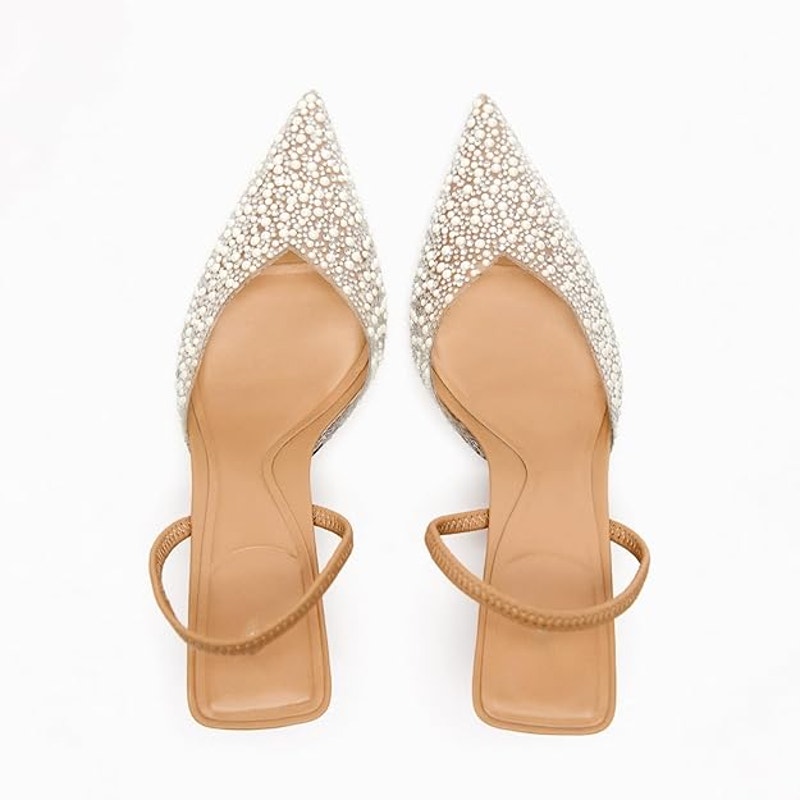 Yiya Womens 7.5 Clear Silver White Studded Pointed Toe Slingback 3" Heels Shoes