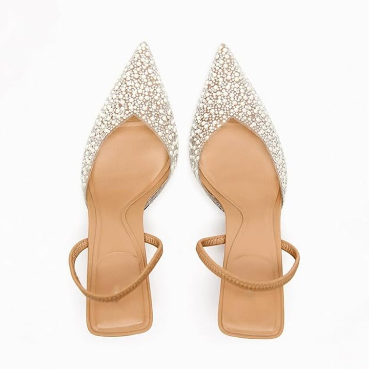 Yiya Womens 7.5 Clear Silver White Studded Pointed Toe Slingback 3" Heels Shoes