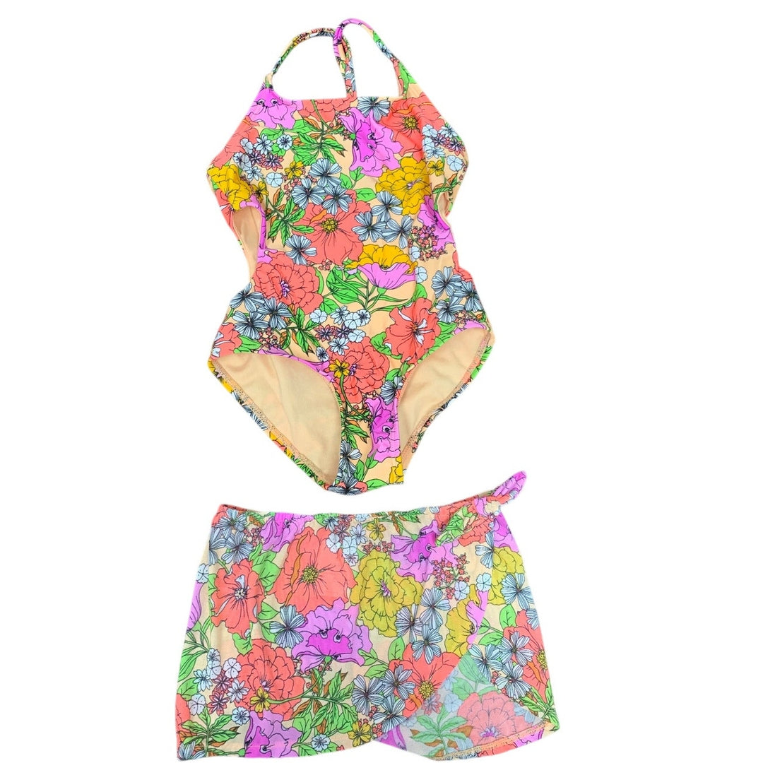 New Cat &amp; Jack Girls XS 4/5 UPF 50+ Botanical Floral 1PC Swimsuit Coverup Skirt