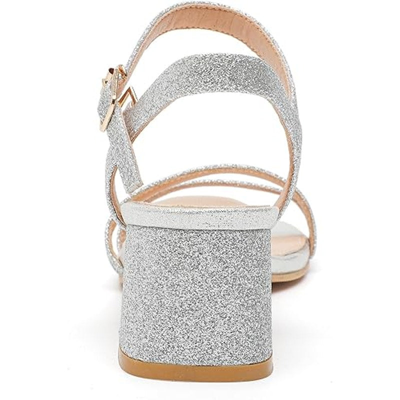 Dadawen Womens Size 9 Silver Glitter Open Toe Ankle Strap 2.5" Block Heel Shoes