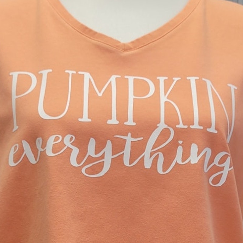 Hand Printed Upcycled Womens Large Pumpkin Everything Stretch Cotton Tee Shirt