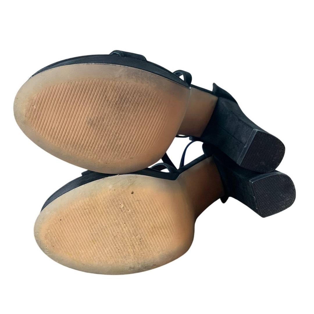 Trary Women Size 7.5 Black Faux Suede 4.5" Block Heel Open Toe Ankle Strap Shoes