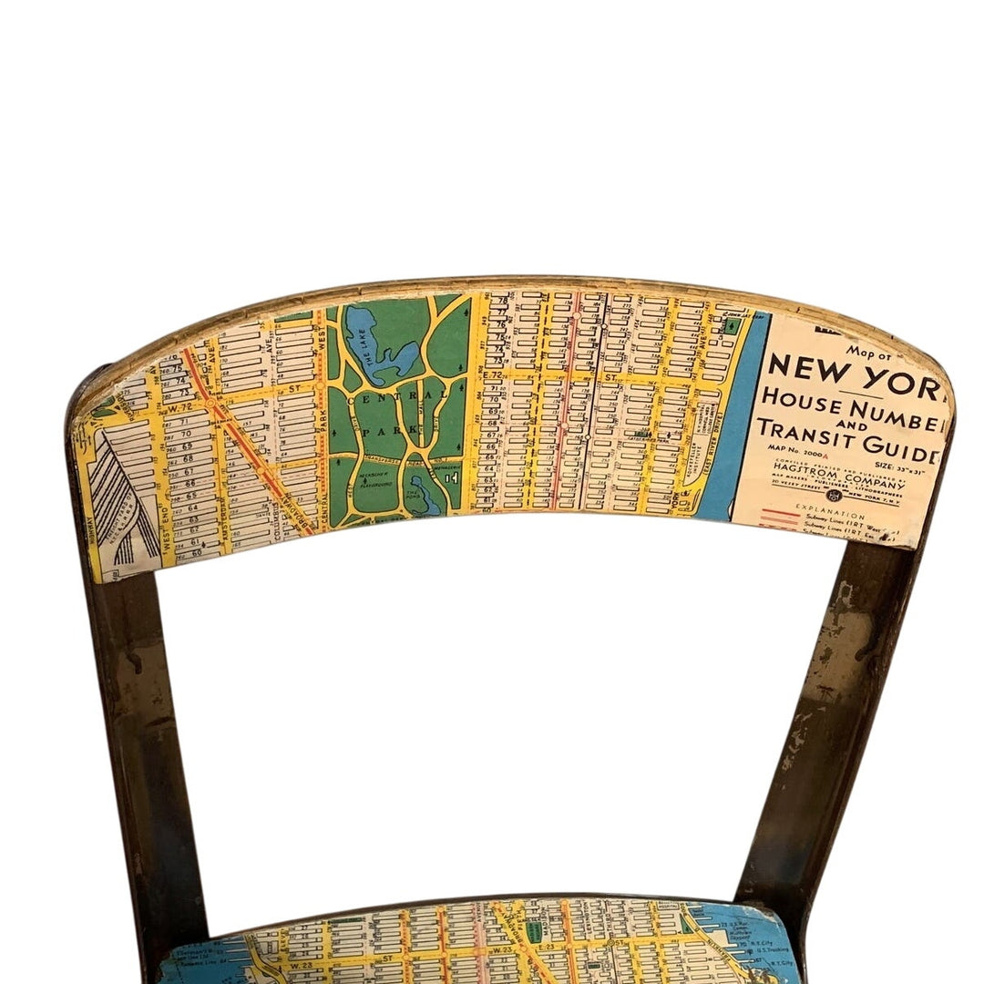 Vintage Small Metal &amp; Wood Child Desk Chair Decoupaged w 1952 Manhattan Map