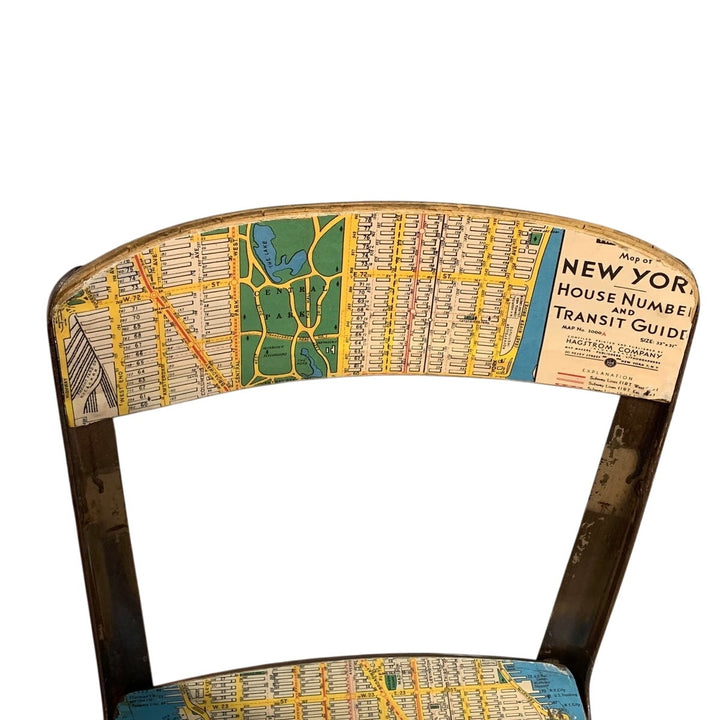 Vintage Small Metal &amp; Wood Child Desk Chair Decoupaged w 1952 Manhattan Map