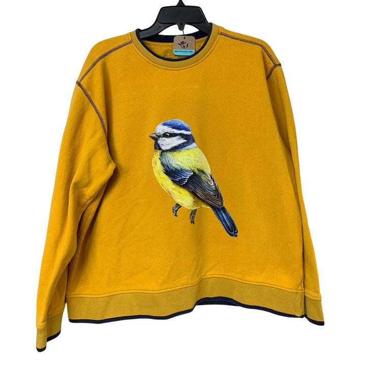 Upcycled Hand Printed Womens XL Yellow Blue Wild Bird Long Sleeve Sweatshirt