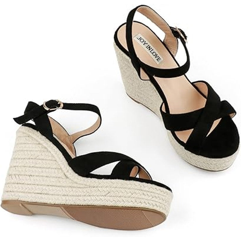Joy In Love Womens 8.5 Black Faux Suede Espadrille 4.5" Wedge Open Toe Sandals