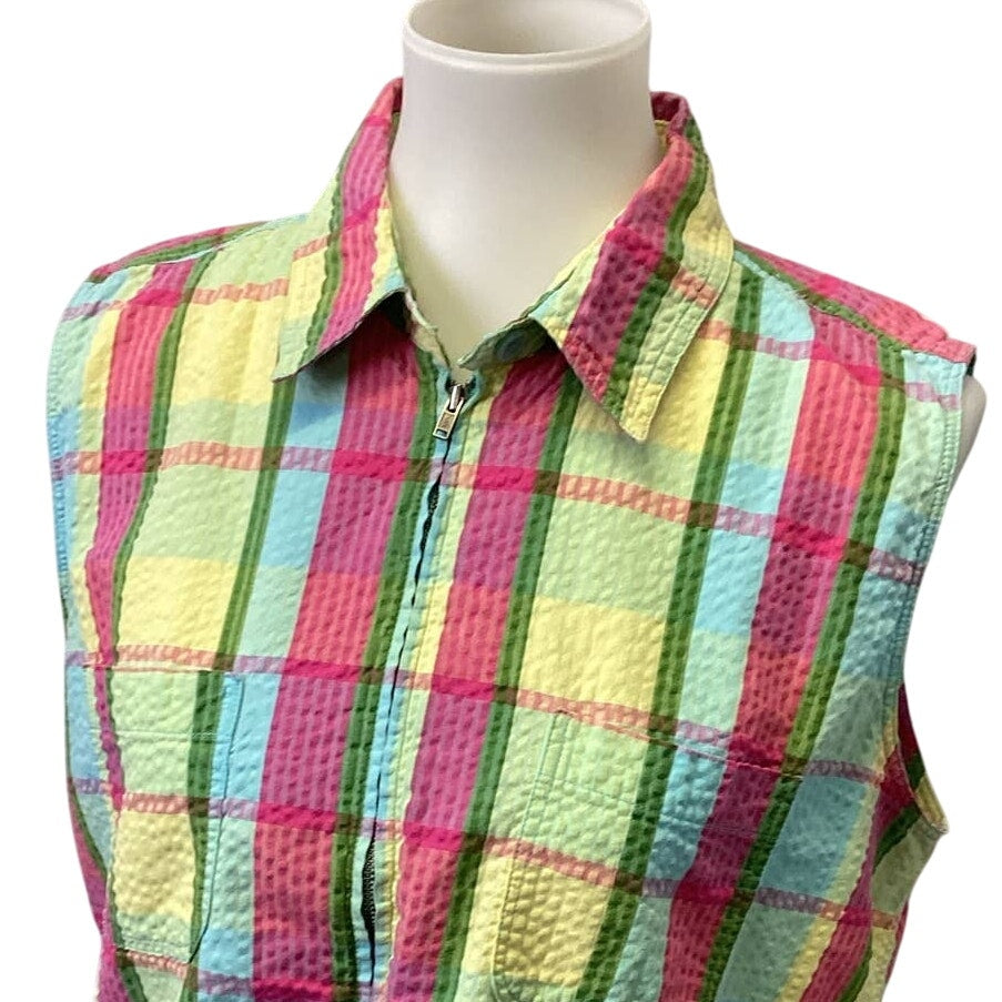 Christopher &amp; Banks Large Full Zip Sleeveless Plaid Cotton Blend Shirt Tank Top